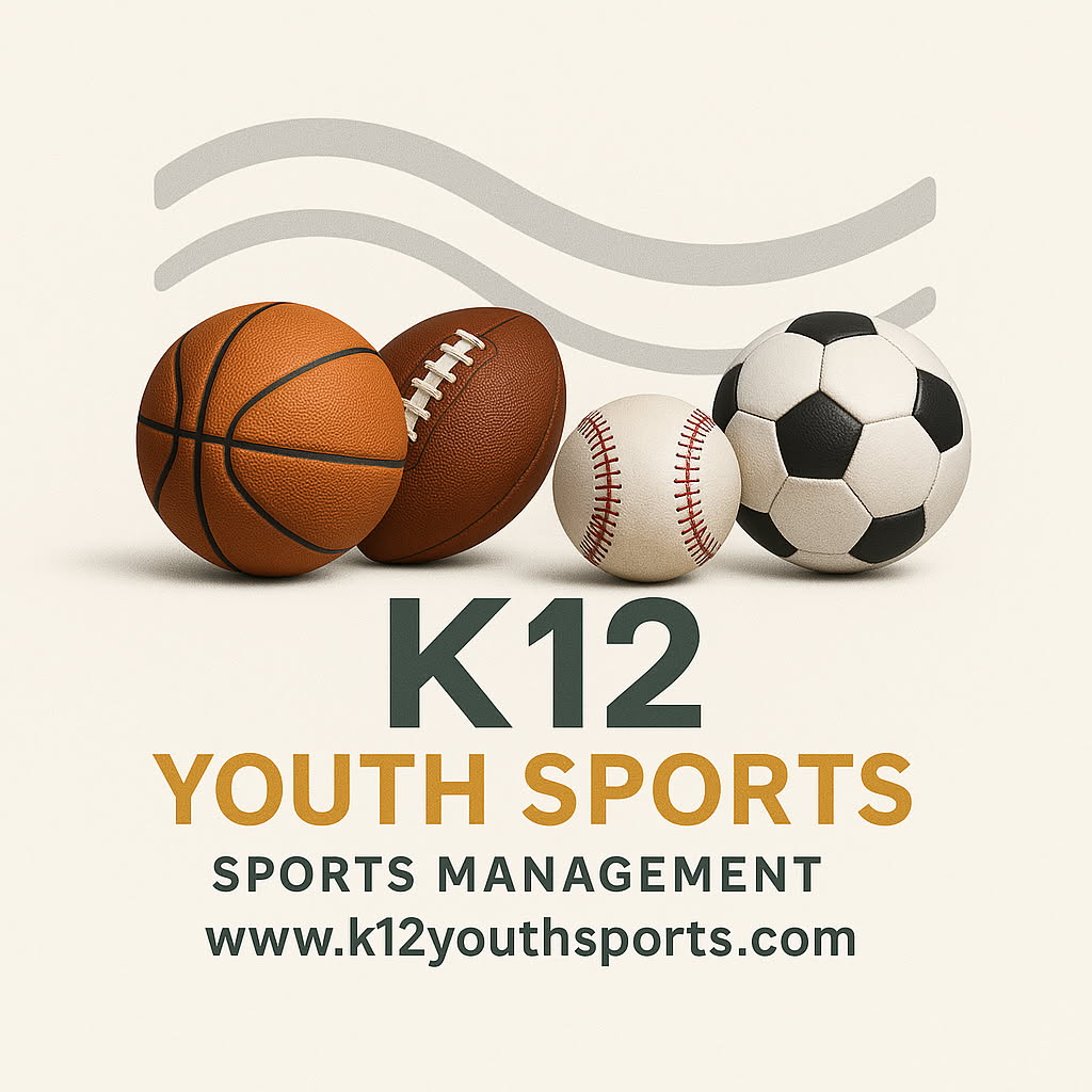 K12 Youth Sports sports management logo with basketball, football, baseball, and soccer ball